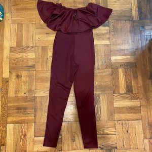 Boohoo burgundy off shoulder jumpsuit